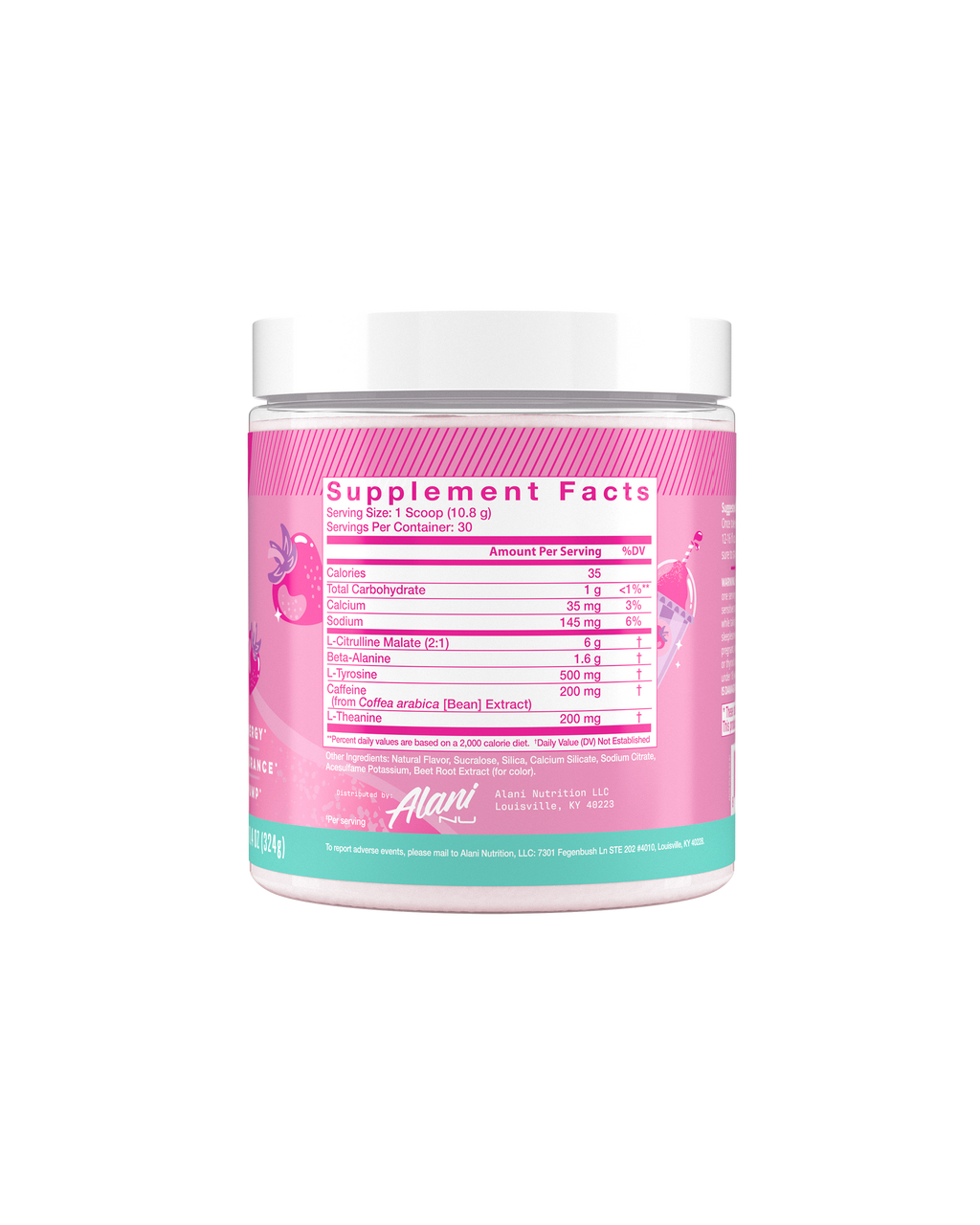 The back view of an Alani Nu Pink Slush Pre-Workout tub, highlighting nutrition facts.
