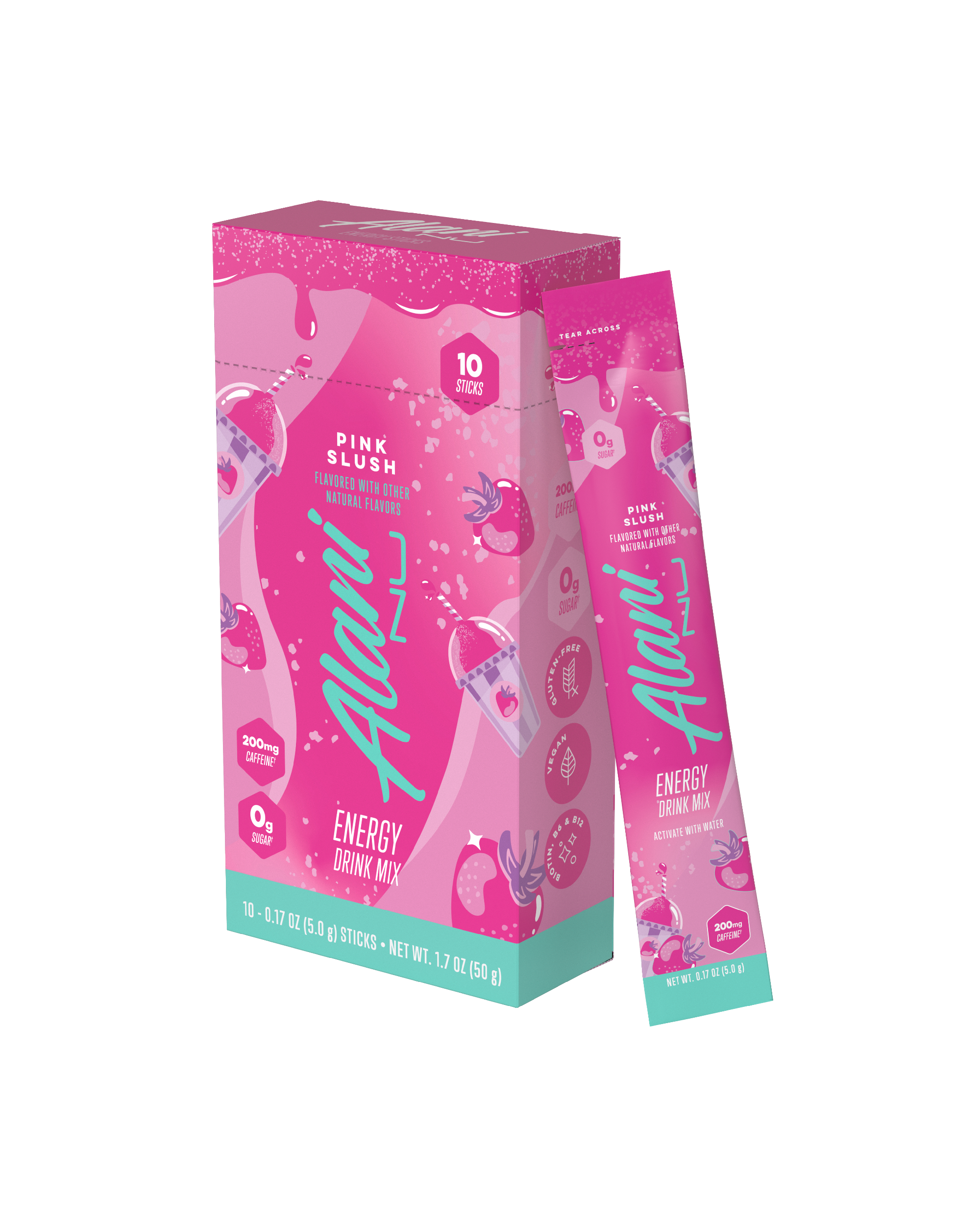 The front view of a sugar-free Alani Nu Pink Slush Energy Drink Mix 10-Pack, flavored with other natural flavors and made with 200mg of caffeine.