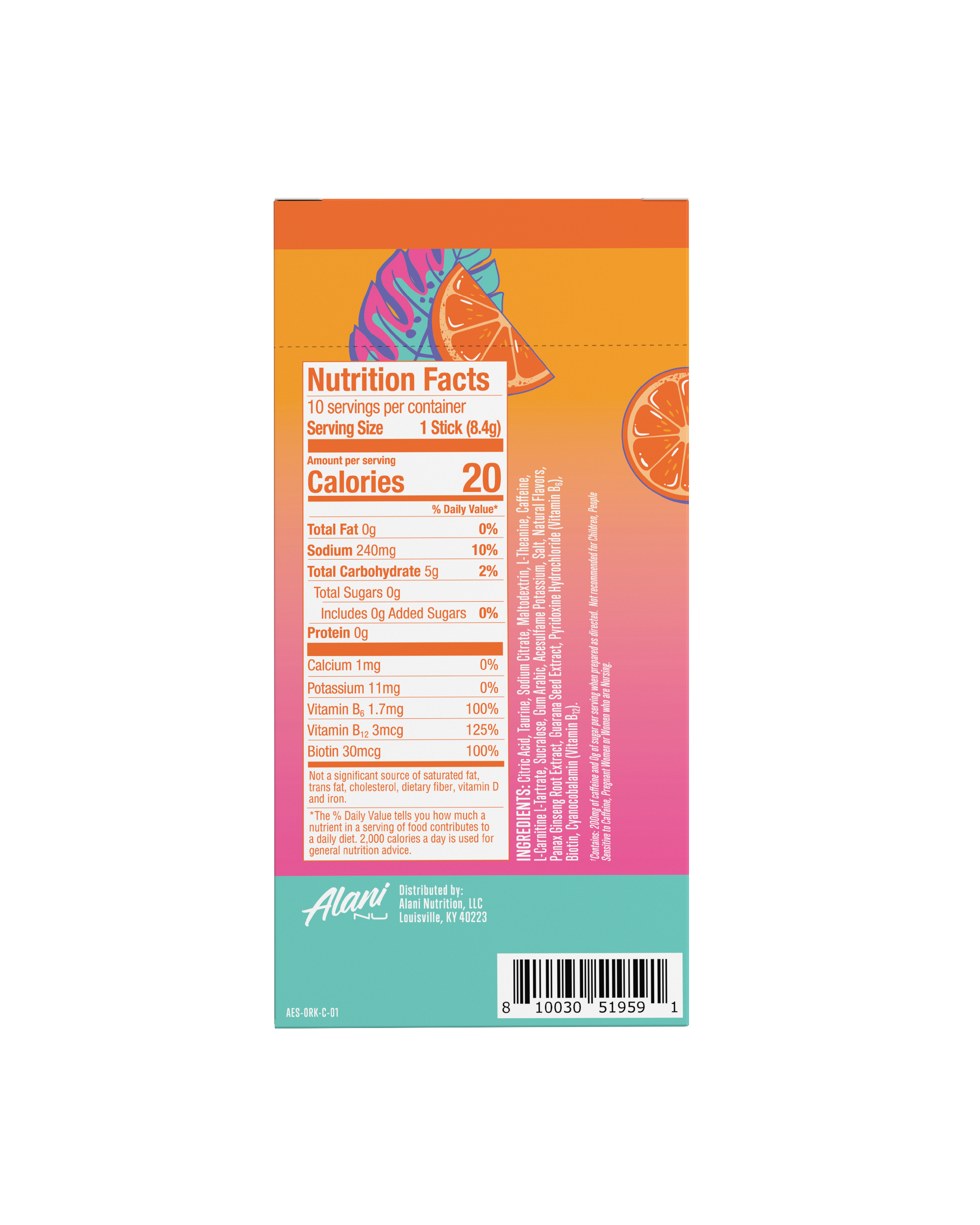 The back view of a 20-calorie Orange Kiss Energy Stick 10-Pack, highlighting nutritional facts and ingredients.