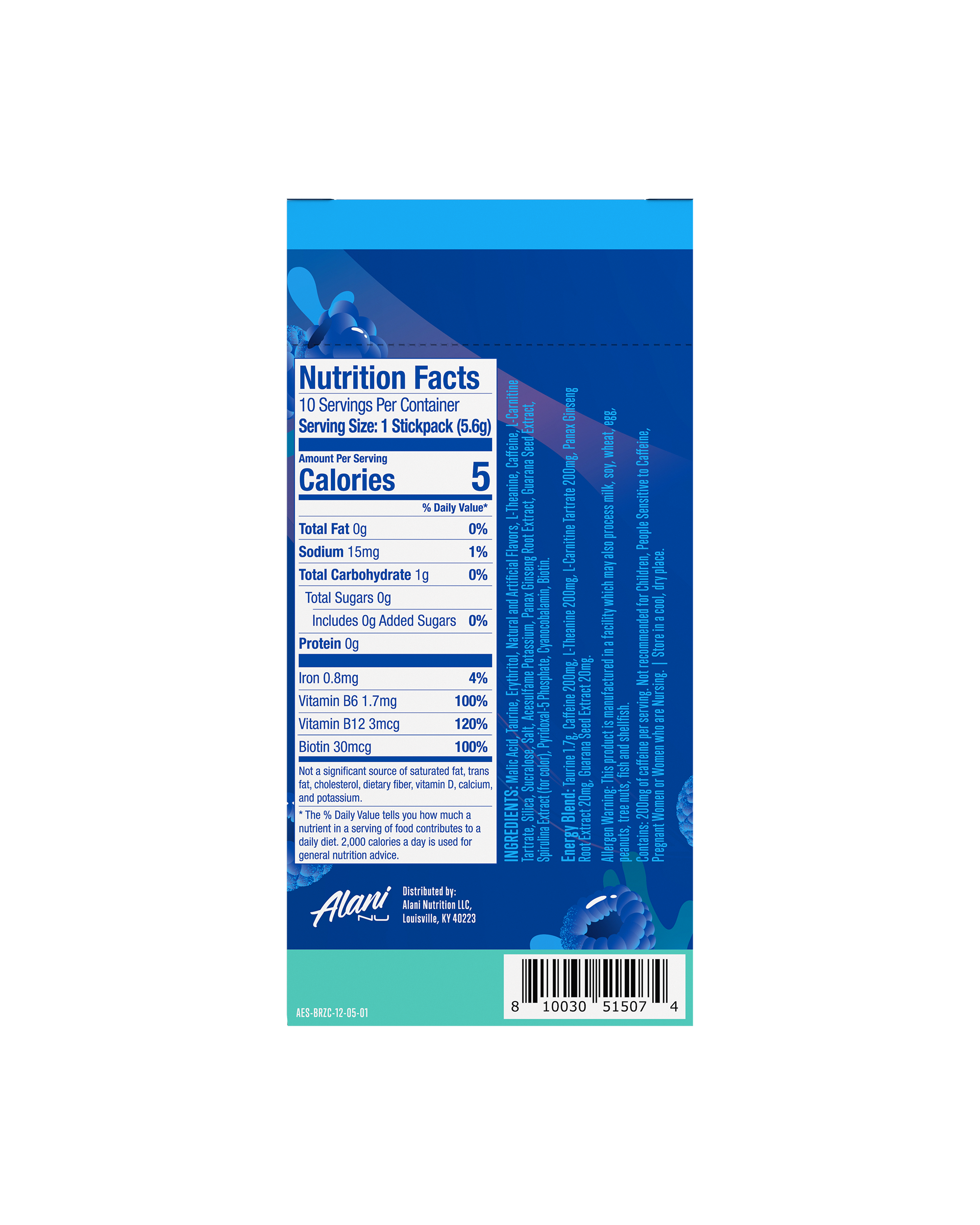 A side view of Energy Sticks in Breezeberry flavor showcasing nutrition facts.