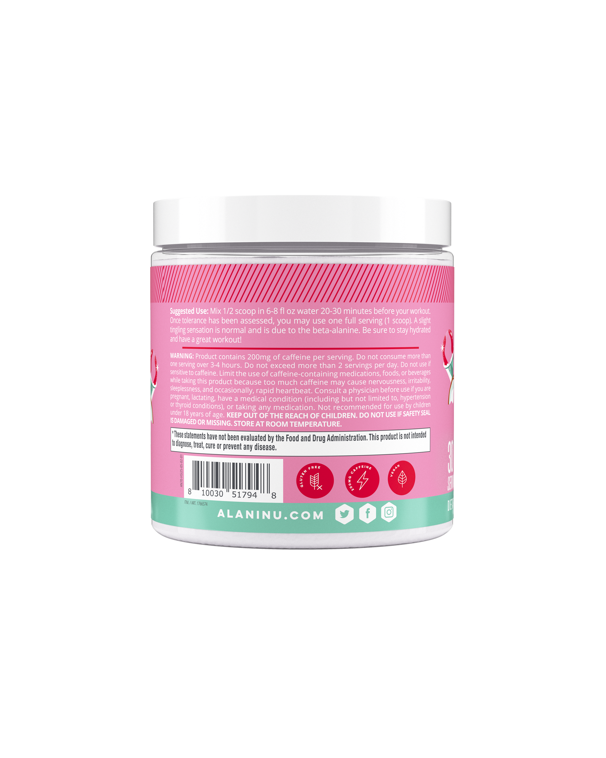 A side view of Pre-workout in Hawaiian Shaved Ice flavor showcasing suggested use of product.