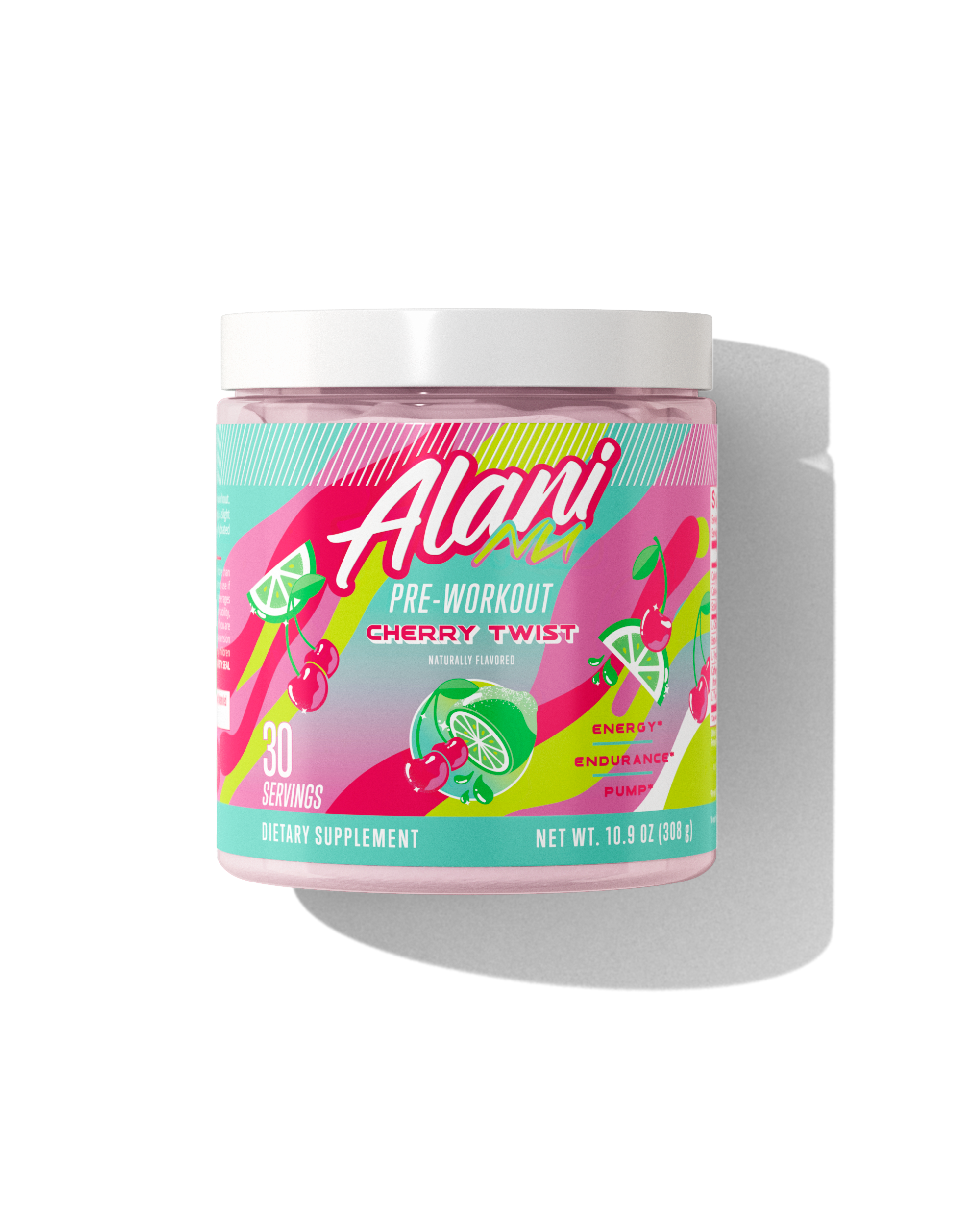 The front view of a 30-serve tub of Alani Nu Cherry Twist Pre-Workout, naturally flavored and made to support energy, endurance, and pump.