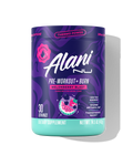 The front view of a 30-serve tub of Alani Nu Melonberry Blast Pre-Workout+ Burn, flavored with other natural flavors and made to help burn fat, boost energy, and spark metabolism.*
