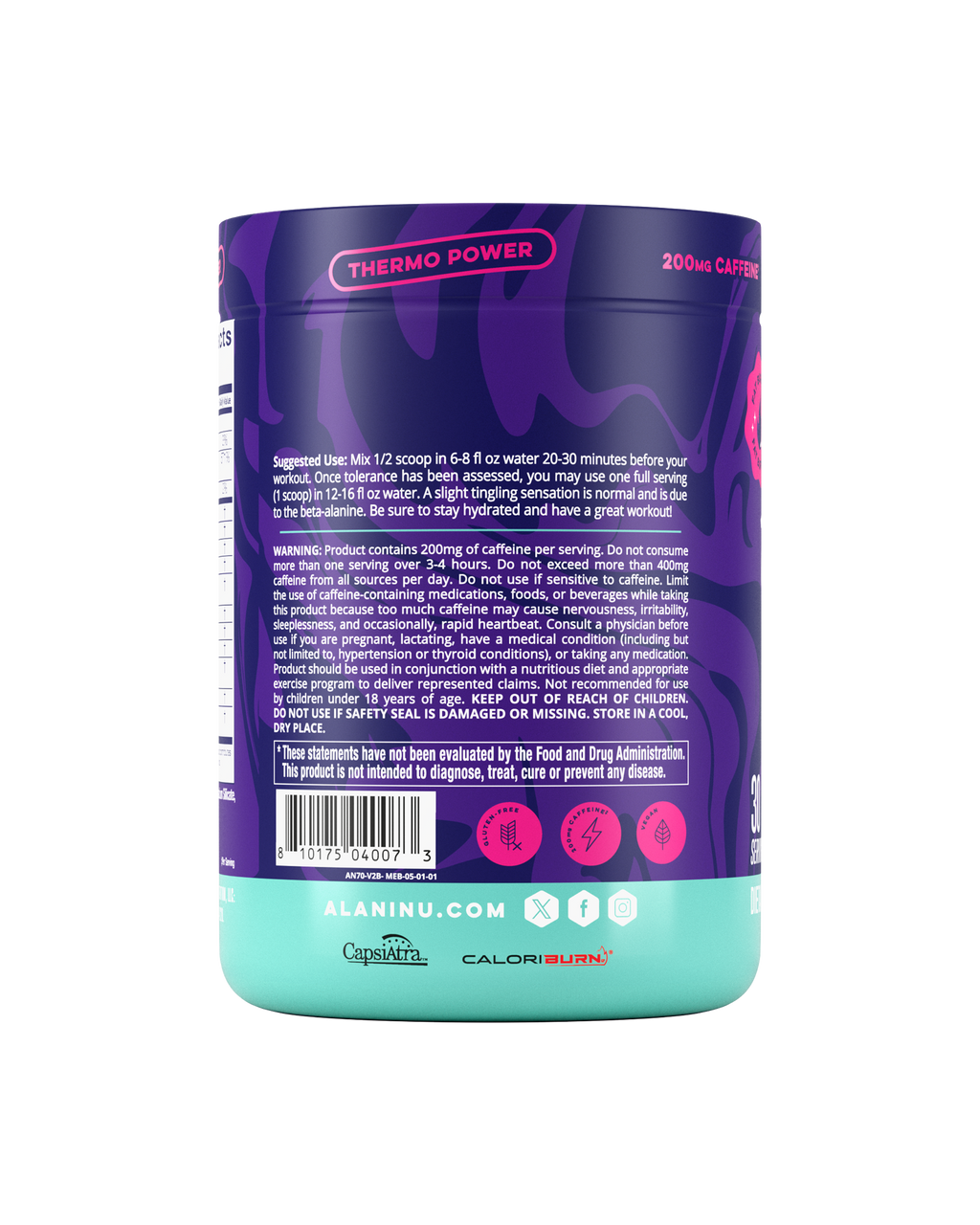The side view of a Melonberry Blast Alani Nu Pre-Workout+ Burn tub, gluten-free, vegan, and formulated with 200mg of caffeine per serving, CapsiAtra™, and CaloriBurn®. Suggested-use directions and warning shown.