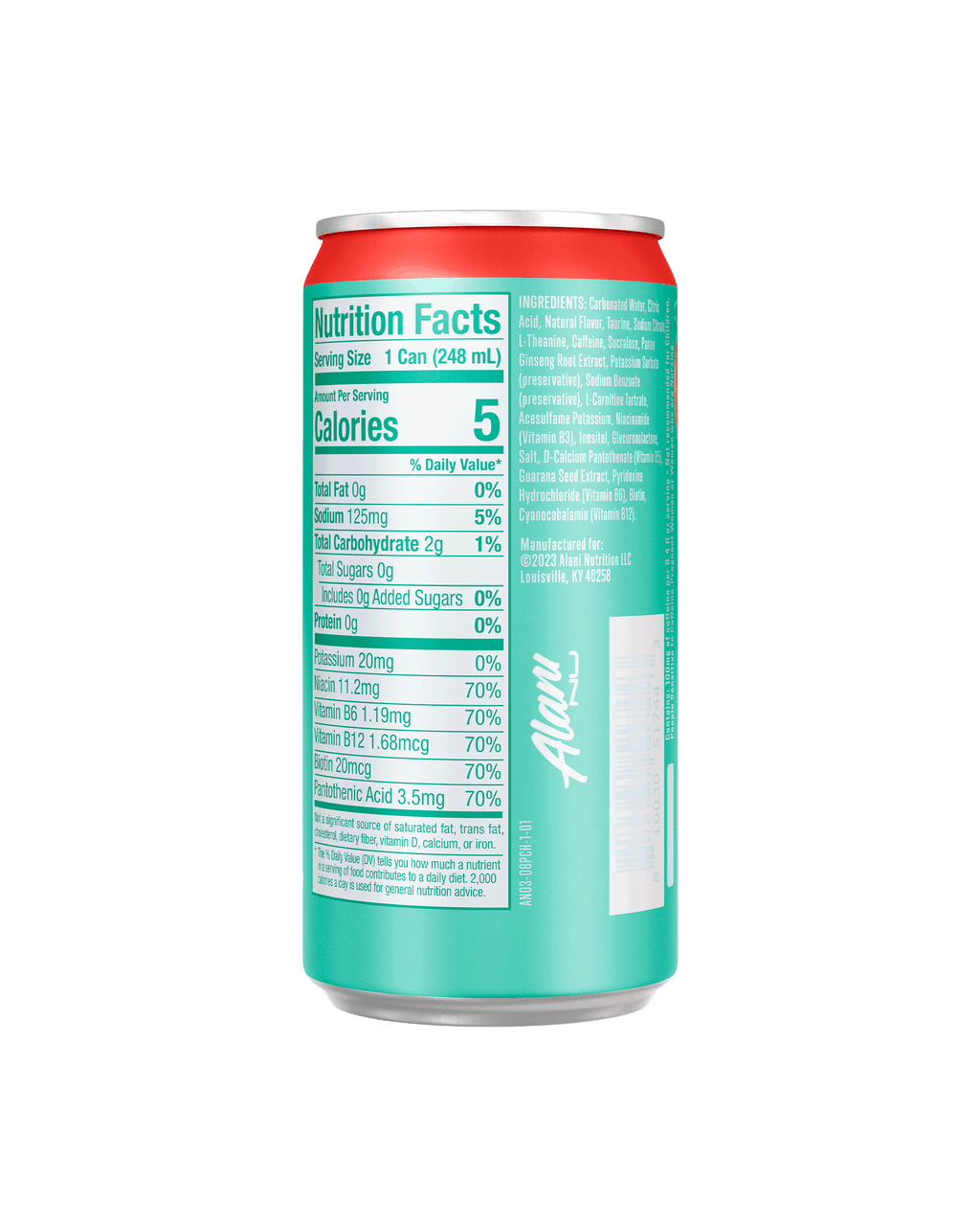 A back view of Mini Energy in Juicy Peach flavor highlighting nutrition facts details.
