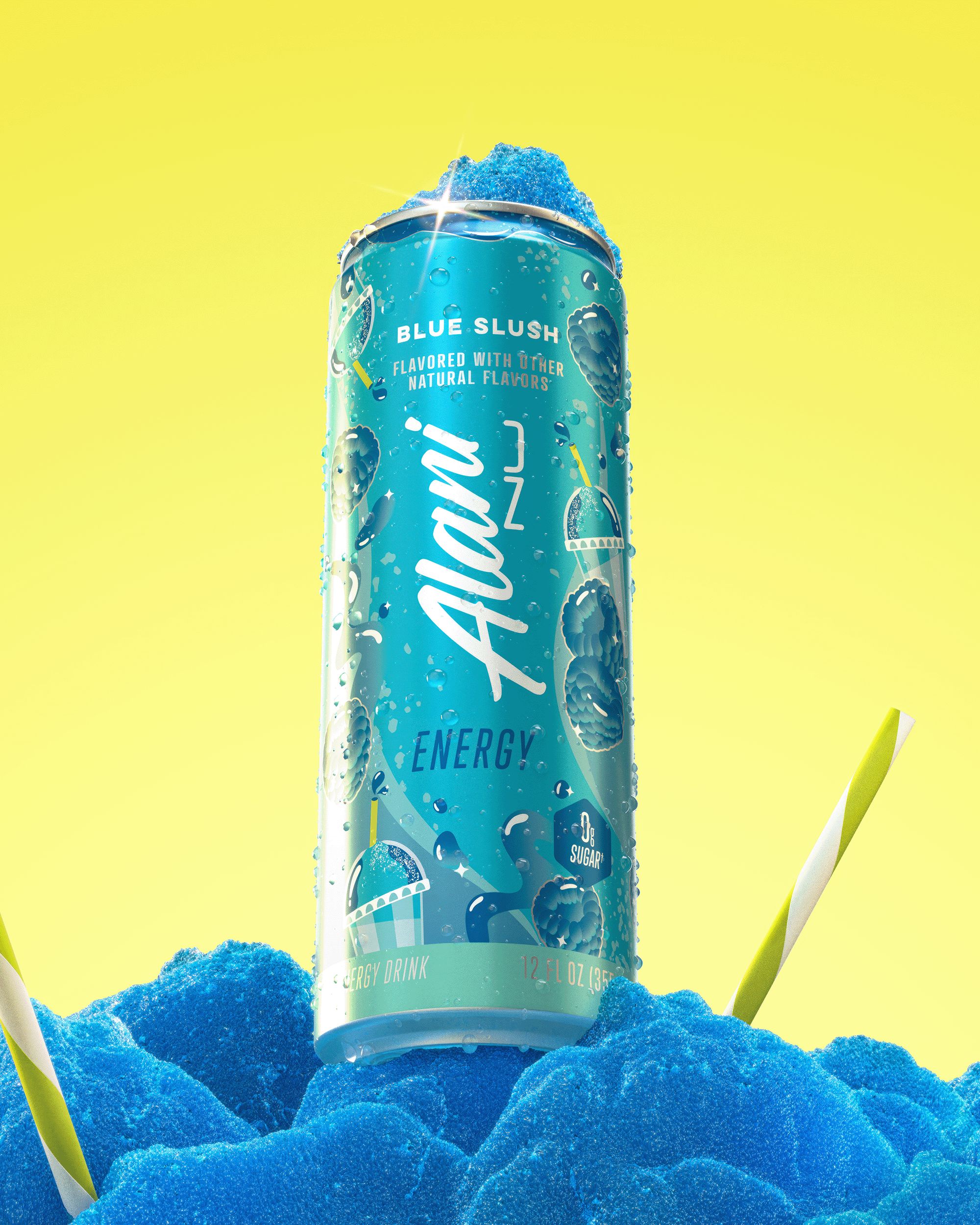 A sugar-free Blue Slush Energy Drink resting on several scoops of blue raspberry slushie, adorned with two striped straws.