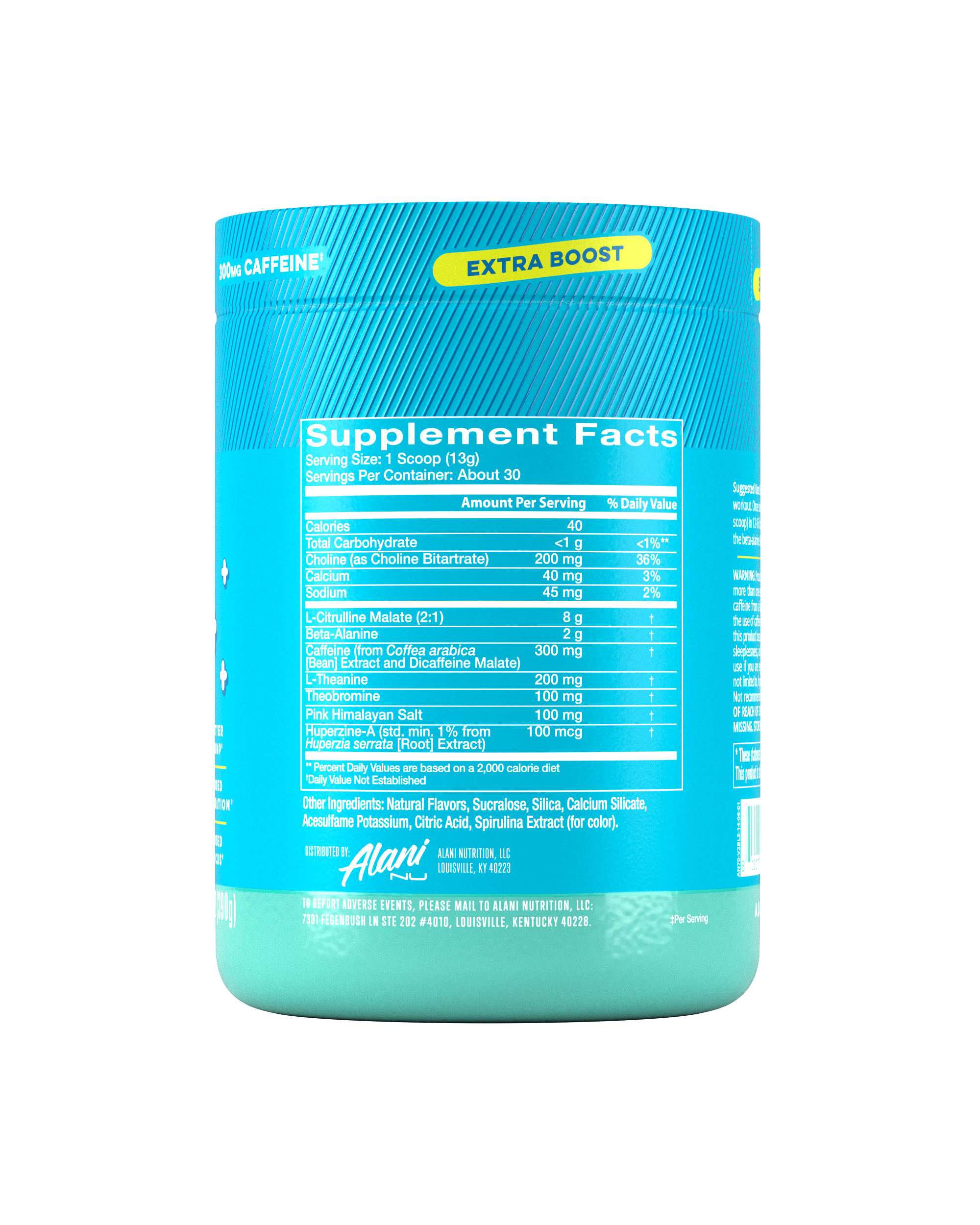 The back view of a 40-calorie Blue Slush Pre-Workout+ tub, highlighting nutrition facts and ingredients.