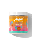 The front view of an Alani Nu Orange Kiss Pre-Workout tub, made for endurance and pump.